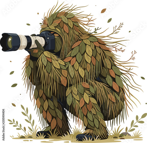 Professional wildlife photographer wearing full leaf camouflage ghillie suit while taking photos with a telephoto lens camera in nature vector illustration.