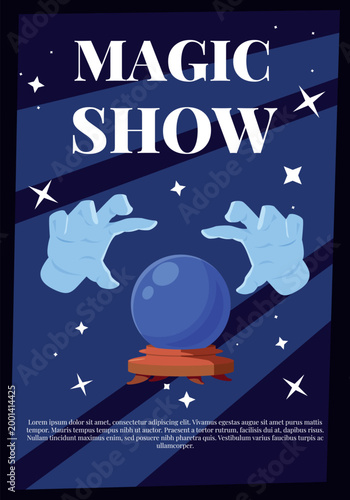 Magic show poster vector design, magician hands and magic crystal ball, focus trick fortune teller and occult ritual