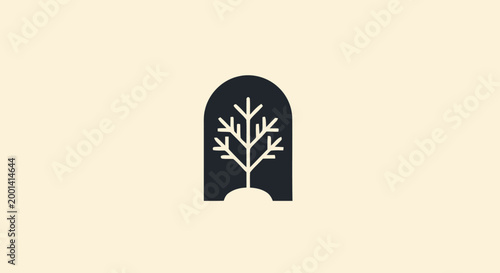 Minimalist Tree Silhouette Inside Archway Shape on Light Background.