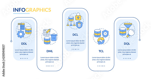 Type of database languages rectangle infographic vector. Access control, internet privacy. Data visualization with 5 steps. Editable rectangular options chart. Lato-Bold, Regular fonts used