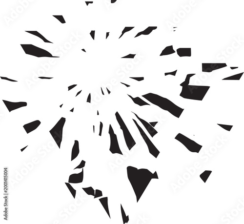 An abstract black and white explosion of sharp black geometric fragments.
