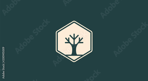 Minimalist Tree Silhouette Inside Hexagon Frame on Green Background.