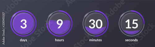 Liquid effect translucent countdown timer set on dark background. Fluid pouring. Circle progress bars isolated. Days, hours, minutes, seconds stopwatch. Remaining time. Modern UI graphic collection
