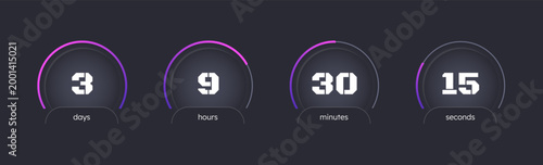 Hot sales purple gradient countdown timer set on dark background. Time tracker. Circle progress bars isolated. Days, hours, minutes, seconds stopwatch. Remaining time. Modern UI graphic collection