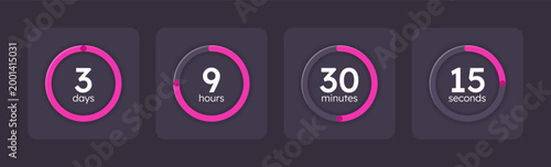 Magenta pink countdown timer set on dark background. Neon pink round meters. Circle progress bars isolated. Days, hours, minutes, seconds stopwatch. Remaining time. Modern UI graphic collection