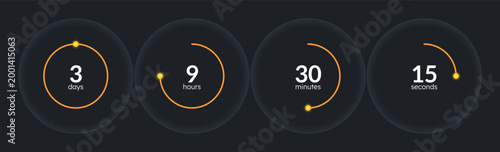 Orbit minimal countdown timer set on dark background. Sale promotion. Deal. Circle progress bars isolated. Days, hours, minutes, seconds stopwatch. Remaining time. Modern UI graphic collection