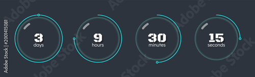 Glassmorphism blob countdown timer set on dark background. Blue neon and glass. Circle progress bars isolated. Days, hours, minutes, seconds stopwatch. Remaining time. Modern UI graphic collection