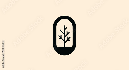 Minimalist Tree Silhouette Inside Oval Frame on Beige Background.