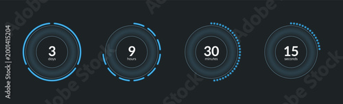 Blue neon dotted line countdown timer set on dark background. Period measuring. Circle progress bars isolated. Days, hours, minutes, seconds stopwatch. Remaining time. Modern UI graphic collection
