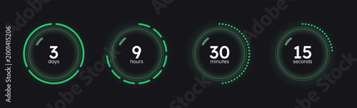Glass translucent countdown timer set on dark background. Green dotted line. Circle progress bars isolated. Days, hours, minutes, seconds stopwatch. Remaining time. Modern UI graphic collection