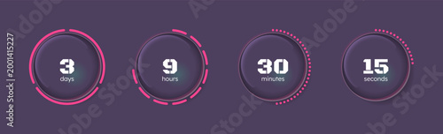 Glass glossy translucent countdown timer set on dark background. Pink dotted line. Circle progress bars isolated. Days, hours, minutes, seconds stopwatch. Remaining time. Modern UI graphic collection