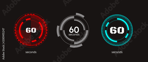 Futuristic HUD countdown timer set on dark background. Process monitoring. Precise time measurement. Circle progress bars isolated. Seconds stopwatch. Remaining time. Modern UI graphic collection