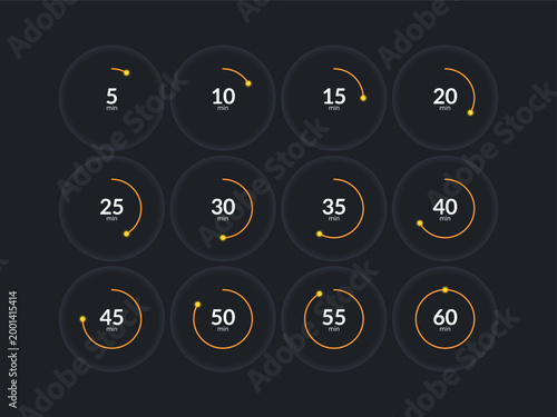 Orbit minimal countdown timer set on dark background. Sale promotion. Shopping deal period. Circle progress bars isolated. Minutes stopwatch. Remaining time. Modern UI graphic collection