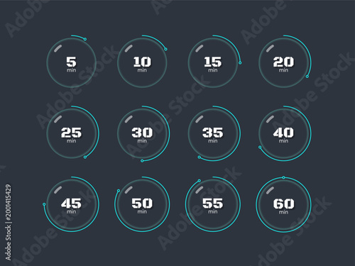 Glassmorphism blob countdown timer set on dark background. Blue neon line and glossy glass. Circle progress bars isolated. Minutes stopwatch. Remaining time. Modern UI graphic collection