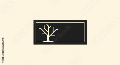 Minimalist Tree Silhouette on Black Rectangle Against Cream Background.