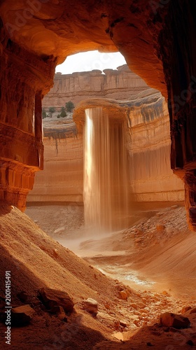 Sunlit Waterfall in a Red Rock Canyon Cave Viewed Through Arch