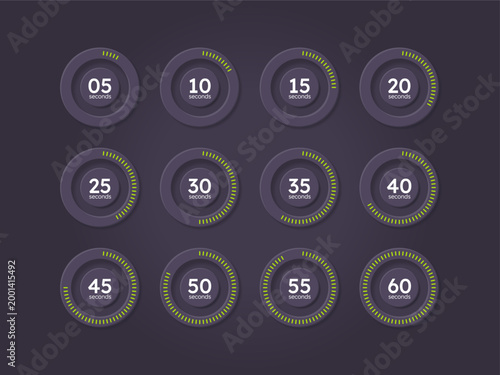 Time management countdown timer set on dark background. Green dotted line. Neumorphism effect. Circle progress bars isolated. Seconds stopwatch. Remaining time. Modern UI graphic collection