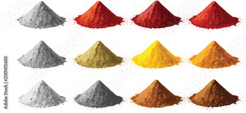 Set of various colorful dry spice powders in heaps including turmeric paprika chili and pepper for organic cooking and culinary seasoning isolated on white background vector illustration.
