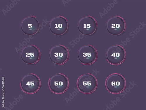 Glass glossy translucent countdown timer set on dark background. Pink dotted line. Business deadline. Circle progress bars isolated. Minutes stopwatch. Remaining time. Modern UI graphic collection