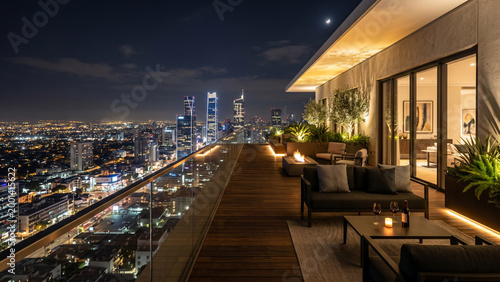 Luxury rooftop terrace with city skyline view at sunset, modern apartment balcony with outdoor lounge, New York City urban lifestyle and premium real estate concept
