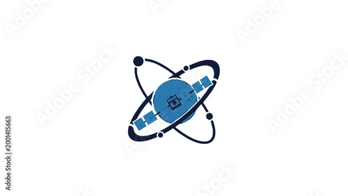 Modern Orbital Satellite with Atom Structure, Science and Technology.
