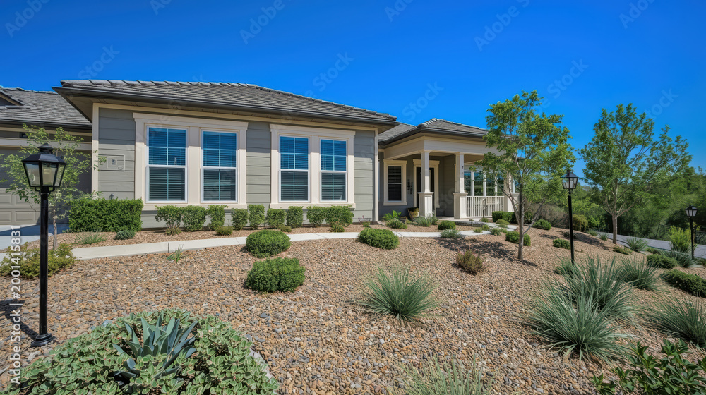 Fototapeta premium Contemporary single story house with drought resistant landscaping and gravel yard