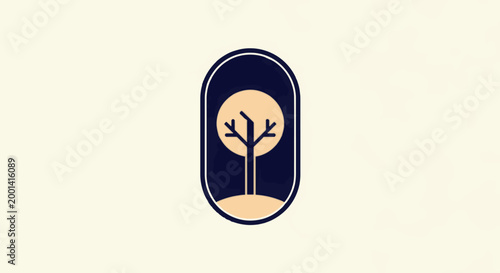 Minimalist Tree Silhouette Within Oval Frame on a Light Background.