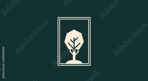 Minimalist Tree Logo Design on Green Background with White Frame.