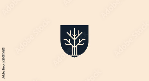 Minimalist Tree Logo Design on Navy Shield with Elegant Lines.