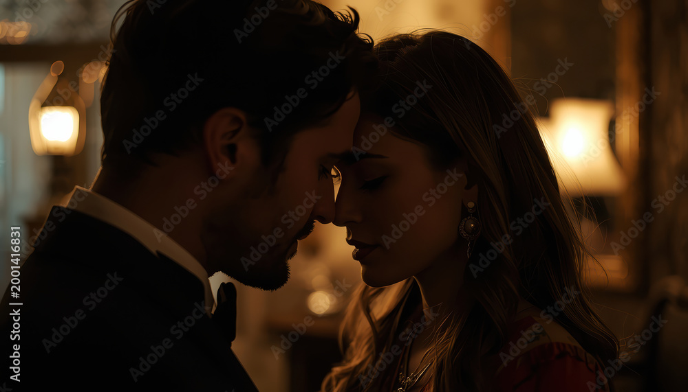 Naklejka premium Intimate couple close forehead to forehead in dim warm interior