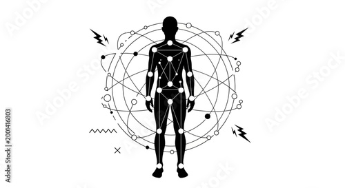 A person stands surrounded by geometric shapes and symbols in a graphic illustration.