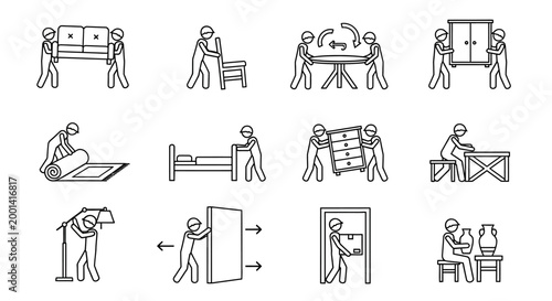 Workers assembling furniture in a new office space with tools and equipment
