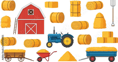 Colorful farm equipment and hay bales illustration Vector