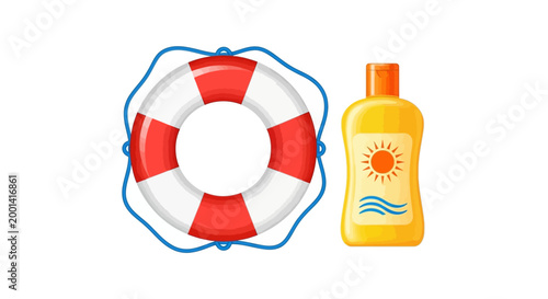Lifebuoy and sunblock bottle on a beach