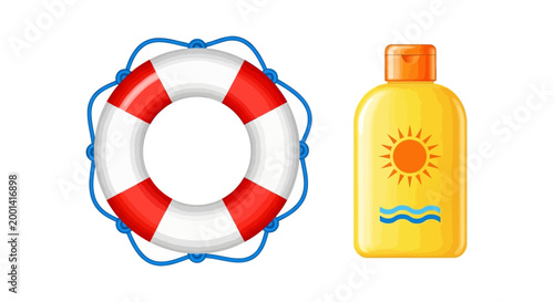 Summer vacation essentials include lifebuoy and sunscreen on beach