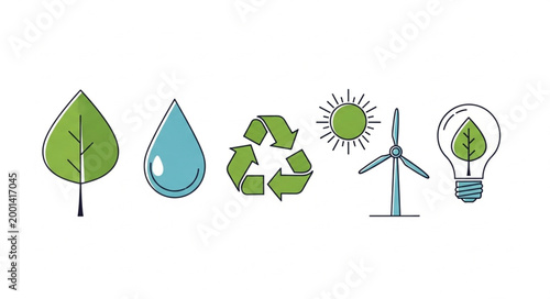 Set of icons representing environmental conservation and renewable energy sources.
