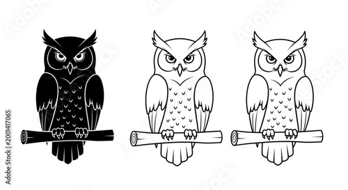 Three stylized owl illustrations sitting on branches in different line art styles