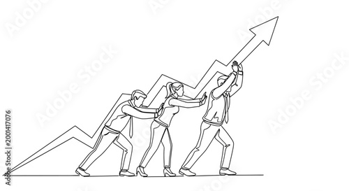 Three business people pushing up a large arrow graph line