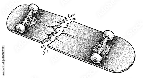 Broken skateboard cracks under pressure on cracked ground surface