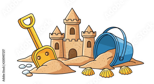 Children build sandcastle with bucket and shovel on beach