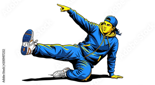 A man in blue clothing performing a dance move on the floor with one hand and leg raised.