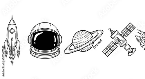 Astronaut in space with rocket, planet, satellite, and helmet