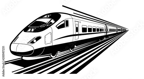 A sleek bullet train speeds along the railway tracks in a dynamic motion.