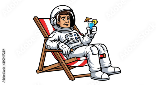 Astronaut sitting on beach chair holding drink enjoys vacation relaxation.