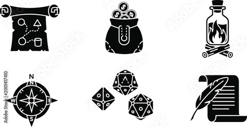 Fantasy adventure icons set with compass and potion Vector