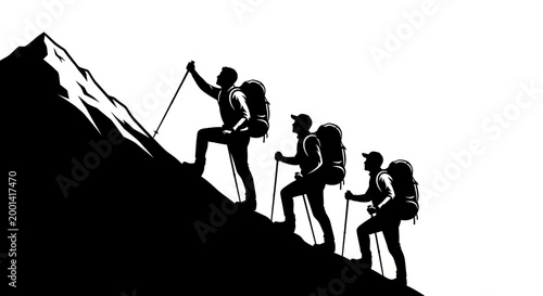 Silhouette climbers ascending steep mountain peak, teamwork, success, adventure, outdoor activity