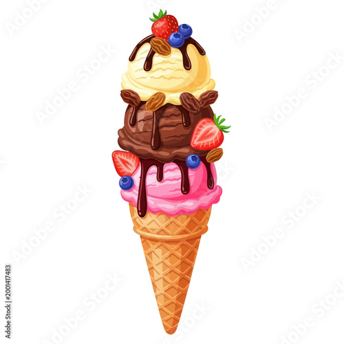 Triple Scoop Ice Cream Cone with Berries and Nuts