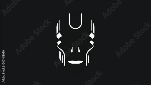 Minimalist White Line Art Depicting a Futuristic Cyberpunk Mask.