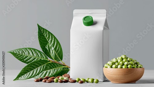 White carton with green cap positioned next to bowl of green beans and coffee beans, surrounded by large green leaves on a light gray surface