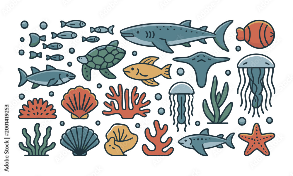 Obraz premium Marine outline icons vector set underwater ocean elements collection.